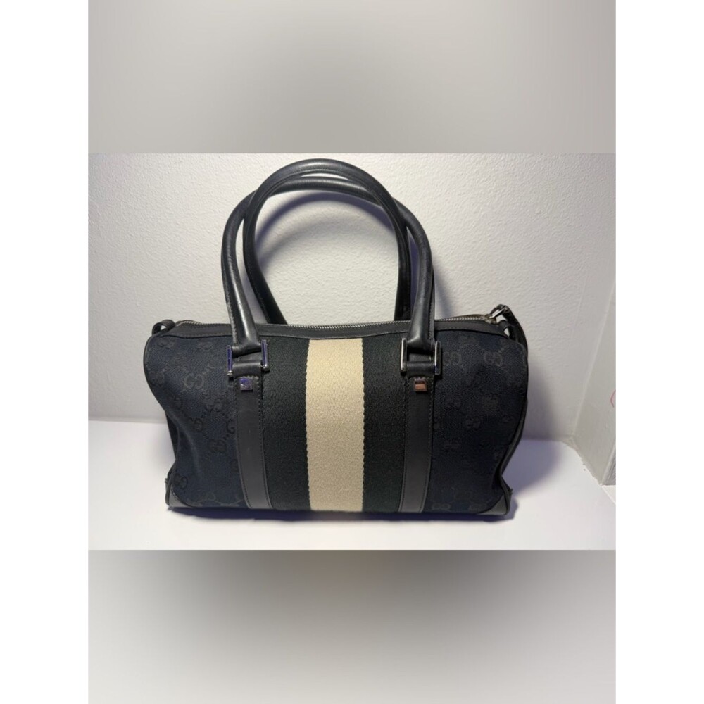 Gucci Black Canvas Barrel Bag with Cream Center Stripe w COA